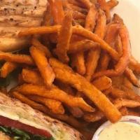 Crispy Chicken Cutlet · Fried chicken, prosciutto, mozzarella, roasted peppers, pesto mayonnaise, arugula on grilled...