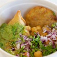 Mix Chaat · Vegetarian. Served with chickpeas, onions, cilantro, sweet chutney, and spicy chutney.