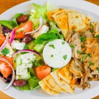 Gyro Platter · Your choice of lamb or chicken gyro meat, served over rice, side of Greek salad, grilled pit...