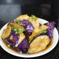 Neng Che Gee 釀茄子 · Stuffed eggplant with shrimp.