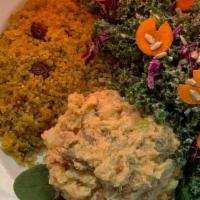 3- Salad Sampler Plate · All gluten Free. A portion of each:. Pac Man Kale Salad. Potato Salad. Curry Quinoa Salad