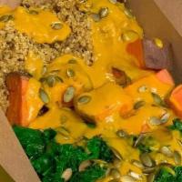 Pumpkin Curry Quinoa, Gf, Oil-Free · with roasted sweet potatoes, steamed kale & toasted. pumpkin seeds. Gluten and soy free and ...
