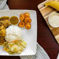 Curry · Served with rice, vegetables and plantains
