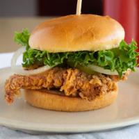 Fried Chicken Sandwich · Breaded chicken breast, lettuce, tomato, pickles, onion, and mayonnaise.