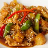 General Thai Chicken · Stir-fried chicken, pineapple, bell peppers, onions with circles sauce.