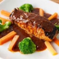 Grilled Salmon · Choice of sauce, choo chee sauce, tamarind sauce or teriyaki sauce side of seasonal vegetabl...