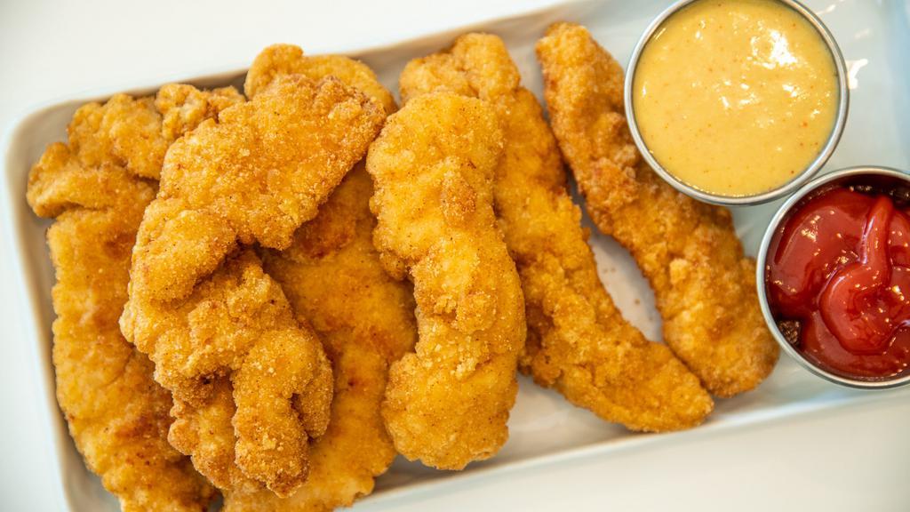 Chicken Tenders With Fries (D) · 5 pieces of breaded all white meat chicken tenders with choice of dipping sauce: 
Ketchup
Honey Mustard
Ginger Sesame