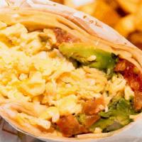 Breakfast Burrito · Scrambled eggs, salsa, avocado & swiss cheese wrapped in a flour tortilla, served with break...