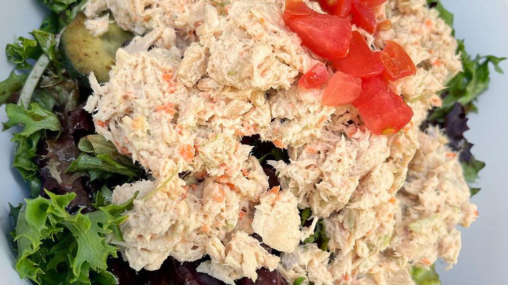 Albacore Tuna Salad · Mixed greens, tomatoes, cucumbers & our homemade tuna salad served with balsamic basil vinaigrette