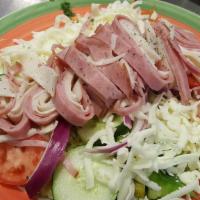 Chef Salad · iceberg lettuce, spring mix, tomatoes, onions green peppers,
cucumbers, flaked ham, mozzarel...