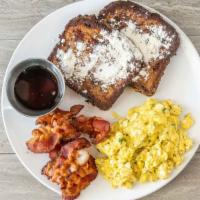 French Toast Platter  · French toast with eggs with or with cheese and your choice of meat Turkey sausage, Turkey Ba...