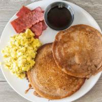 Pancake Platter  · Pancakes eggs and your choice or Turkey bacon , Turkey sausage,Pork Bacon, Pork sausage