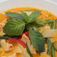 Red Curry · Spicy red curry paste, coconut milk, eggplant, bell peppers, bamboo shoot, string beans and ...