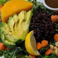 Warm Vegan Plate/Salad · Bed of greens and kale served with squash, black rice, carrots, avocado, broccoli, peanuts, ...