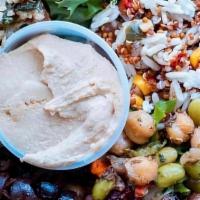 Athena Salad · Fresh Greens, Hummus, Quinoa Mix, Tabbouleh, Black Olives, Chickpeas with Vinaigrette Dressing