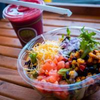 Alamo Salad · Fresh Greens, Tomatoes, Onions, Black Bean and Corn, Cheese with Fiesta Dressing