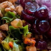 Super Green Salad · Fresh Greens, Grapes, Cranberries, Edamame, Chickpeas, Red Onion, Walnuts, Shaved Veggies wi...