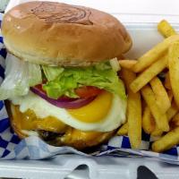 Sunny Side Burger · 1/3 lb., sunny side egg. bacon, mayo, lettuce, tomato, onion.