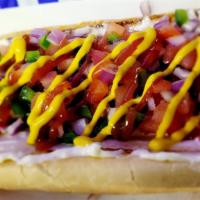 Mexican Dog · all-beef dog, mustard, mayo, ketchup, onion, tomato, jalapeño.