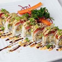 Maui Wowie Roll · Soft shell crab tempura, avocado, cream cheese, topped with tuna, spicy mayo, sweet soy, sca...
