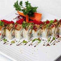 Golden Dragon Roll · Shrimp tempura, cucumber, cream cheese, topped with grilled fresh water eel, sweet soy sauce...