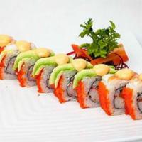 Kalypso Roll · Salmon, cream cheese, crab, topped with shrimp, avocado, masago and spicy mayo.