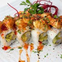 Rock Shrimp Roll · Tempura shrimp, avocado, rock shrimp tempura on top, thai sweet chili sauce, shichimi pepper...