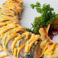 Omega Roll · Tempura shrimp, tampico paste, cream cheese, avocado, topped with spicy mayo, ponzu sauce an...