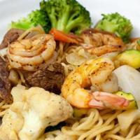 Yaki-Soba Mixed · Stir fried noodles with mixed vegetables shrimp and beef.