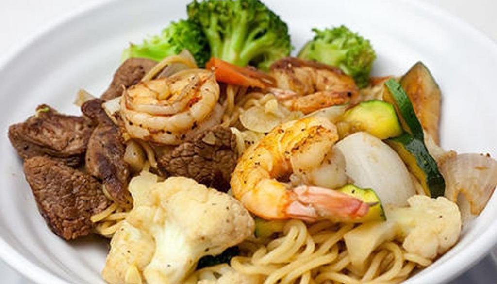 Yaki-Soba Mixed · Stir fried noodles with mixed vegetables shrimp and beef.