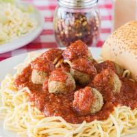 Spaghetti With Meatballs · Served with marinara sauce. Includes salad and bread.