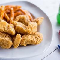 Fried Catfish Nuggets · Served with fries.