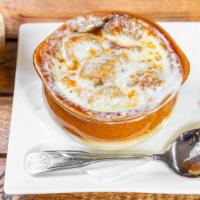 French Onion Soup · Large crock of one of our delicious French Onion soups, topped with croutons and provolone c...