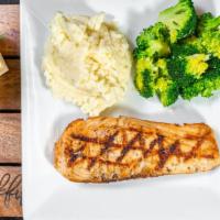 Grilled Salmon · Fresh 8oz salmon filet, served with two sides.