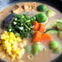 Yasai Soy · Dairy free, vegan. Vegan soy milk broth, kale noodles, carrots, zucchini, broccoli, mushroom...