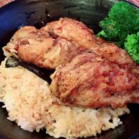Yakitori Don · Grilled chicken leg meat, nori, broccoli, homemade yakitori sauce, scallions, chili powder.
