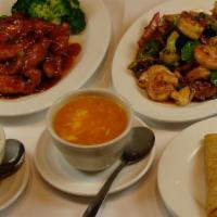 Option One · Includes 2 Soups, 2 egg rolls, and 2 entrees Served with steamed white rice.