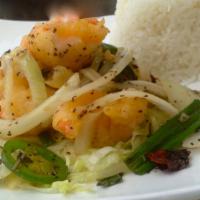 Salt & Pepper Shrimp · Spicy. Large shrimp sauteed with onions and jalapeno in a salt and pepper mix.