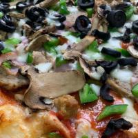 Troy'S Supreme · Pepperoni, sausage, ham, meatballs, red onions, mushrooms, green peppers, black olives, and ...