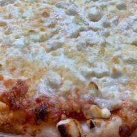 Four Cheese · Mozzarella, feta, parmesan and goat cheese with tomato sauce