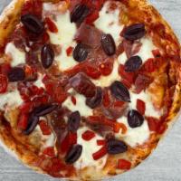 Sicilian · Roasted red peppers, prosciutto, Kalamata olives, and mozzarella cheese with virgin olive oil