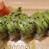 Green River Roll · Tempura shrimp top with sliced avocados and spicy wasabi sauce.