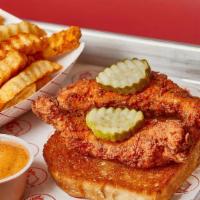 #4 Two Tender Plate · Two tenders, Texas toast, pickles, Lucky's sauce, shake fries
