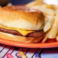 Cheeseburger · A kid-sized hamburger topped with cheese and served with French fries.