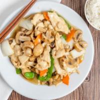 Moo Goo Gai Pan Dinner · Served with steamed rice.