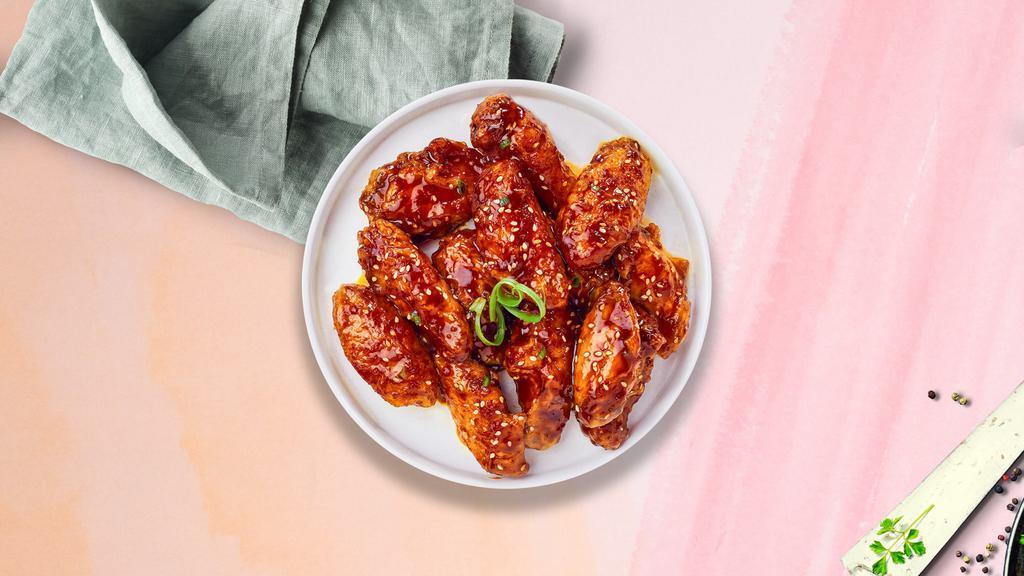K'Town Bbq Boneless Wings · Boneless breaded fresh chicken wings, fried until golden brown, and tossed in korean BBQ sauce. Served with a side of ranch or bleu cheese.