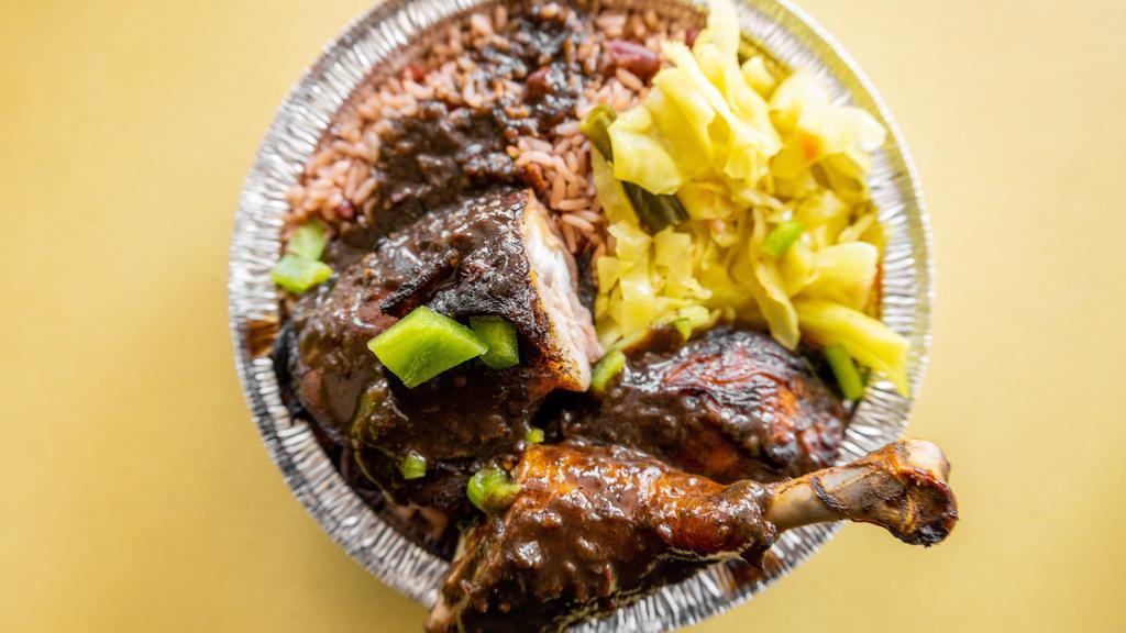 Jerk Chicken Large · serve with rice and peas or white rice and steam cabbage