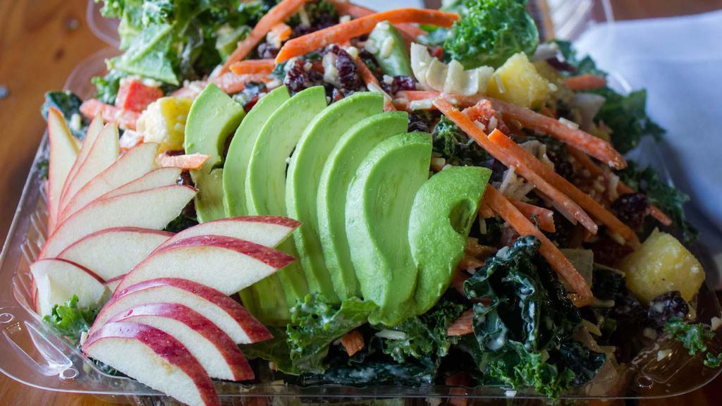 Iggy Akalea Salad · Kale, pineapple, red apple, dried cranberry, carrot, red pepper, shallot, avocado, parmesan and Caesar dressing.