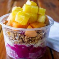 Coconutty By Nature Fruit Bowl · Organic pitaya, coconut, almonds, granola, honey, pineapple and cantaloupe.