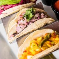 Mexican Tacos Soft · Three corn tortillas topped with cold 